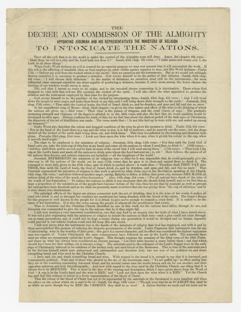The decree and commission of the Almighty appointing Jeremiah and his representatives the ministers of religion to intoxicate the nations