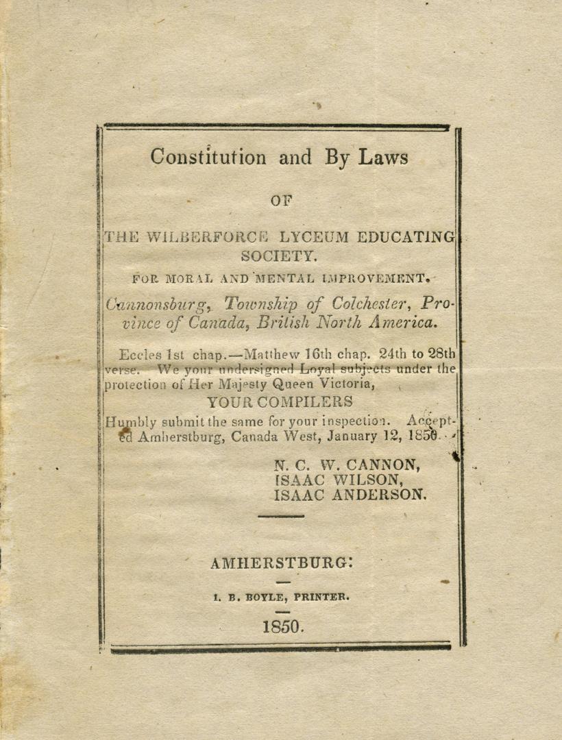 Constitution and by laws of the Wilberforce Lyceum Educating Society for moral and mental improvement