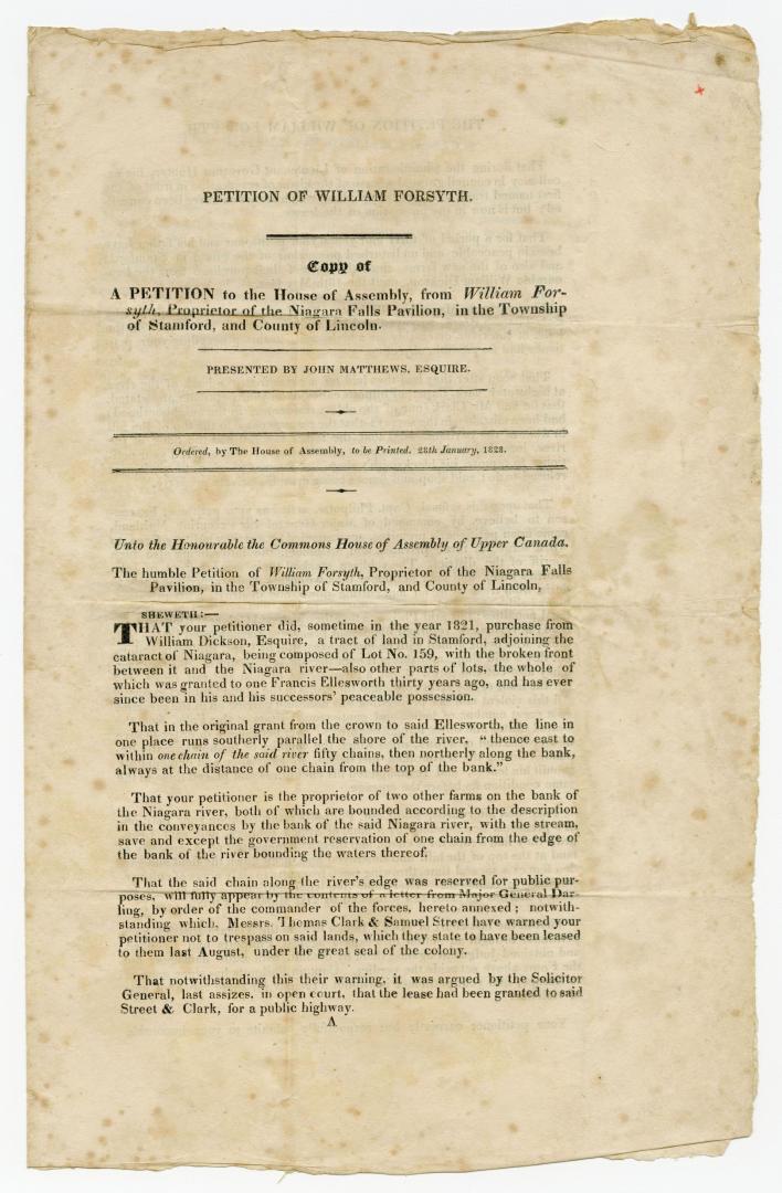 Copy of a petition to the House of Assembly, from William Forsyth, proprietor of the Niagara Falls Pavilion, in the township of Stamford, and county of Lincoln