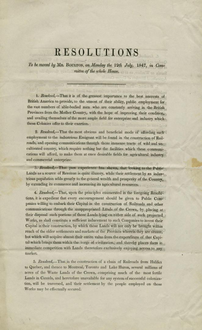 Resolutions to be moved by Mr. Boulton, on Monday the 19th July, 1847, in committee of the whole House