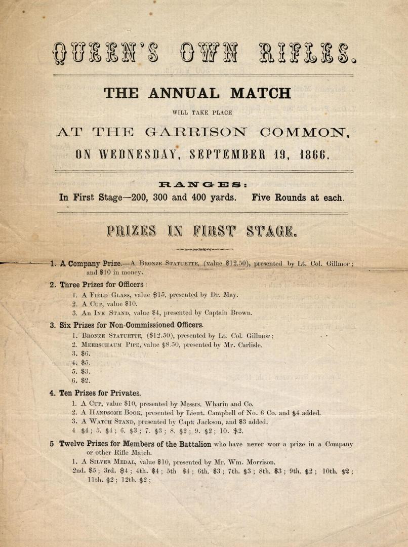 Queen's Own Rifles : the annual match will take place at the Garrison Common, on Wednesday, September 19, 1866