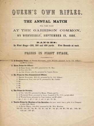 Queen's Own Rifles : the annual match will take place at the Garrison Common, on Wednesday, September 19, 1866