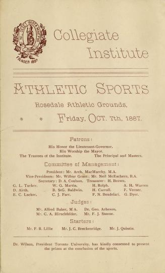 Collegiate Institute Athletic Sports, Rosedale Athletic, Friday, October 7th, 1887