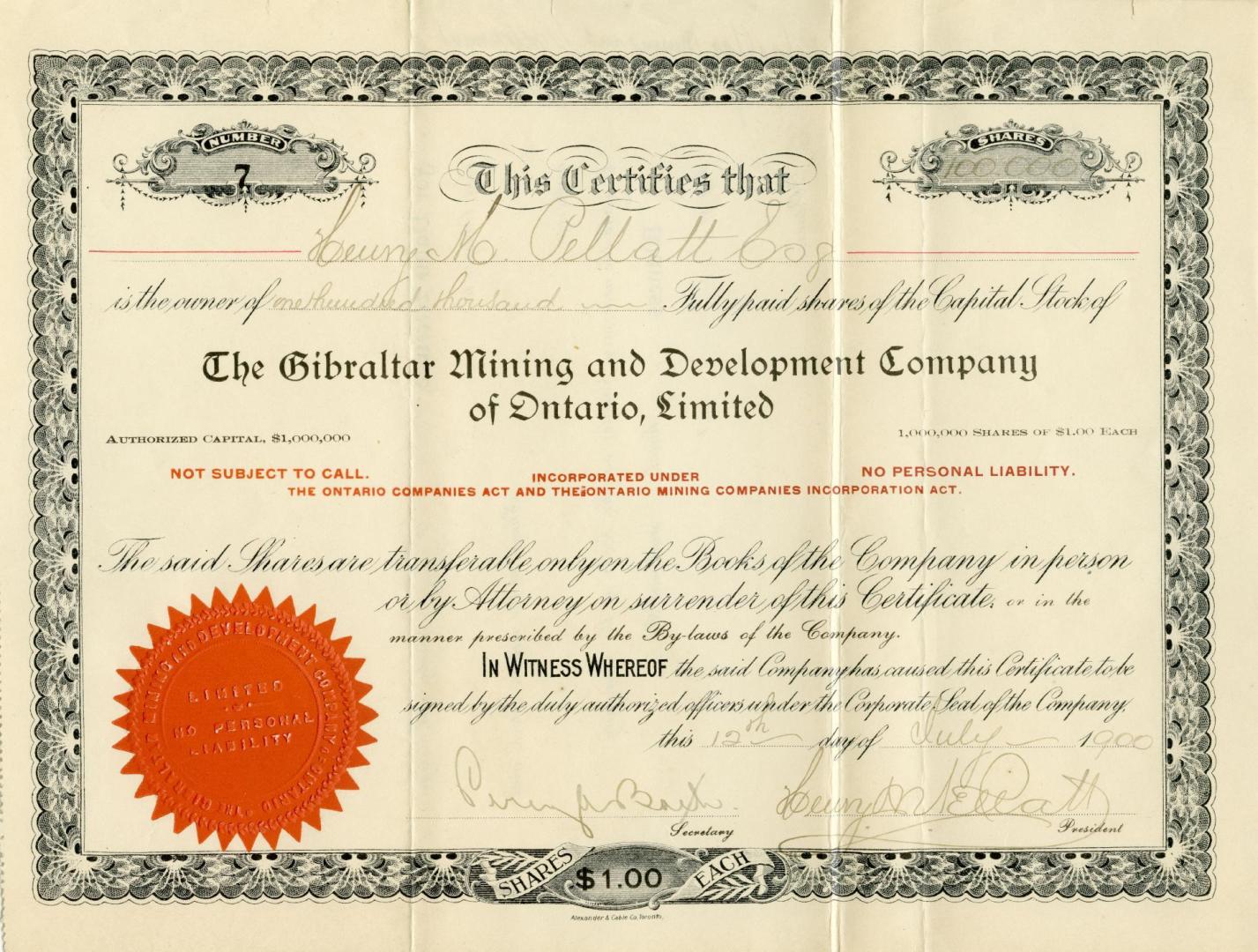 This certifies that Henry M. Pellatt, Esq. is the owner of one hundred thousand fully paid shares of the capital stock of The Gibraltar Mining and Development Company of Ontario Limited