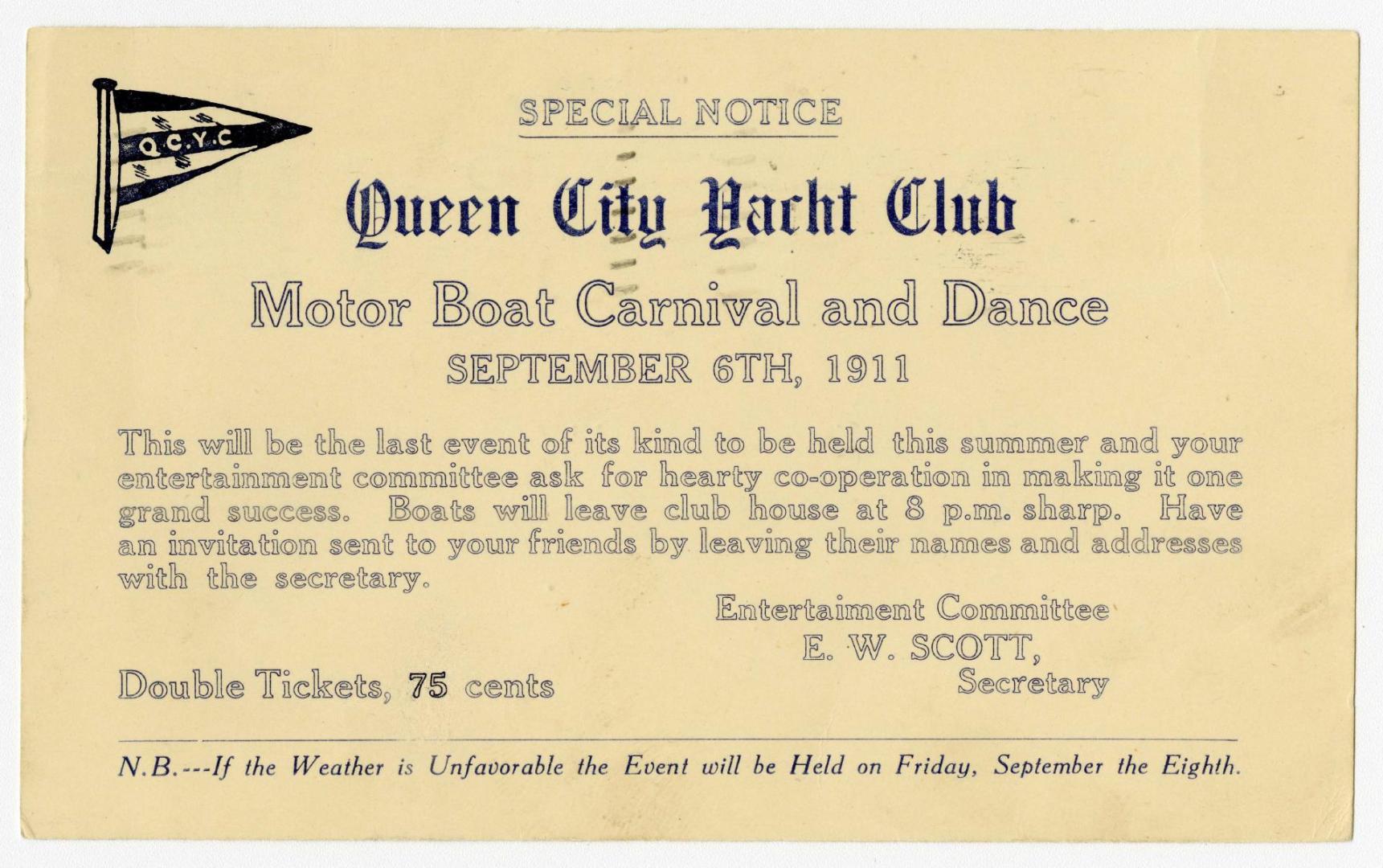 Queen City Yacht Club motor boat carnival and dance, September 6th, 1911