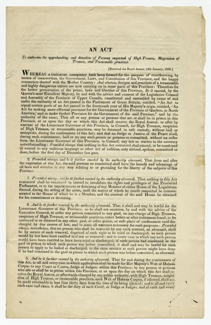 An act to authorise the apprehending and detention of persons suspected of high treason