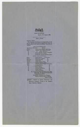 General order : the following candidates for commissions in the service militia have received certification from the commandant of the School of Military Instruction at Toronto