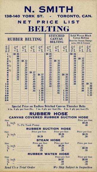 Price list for N. Smith Belting Works