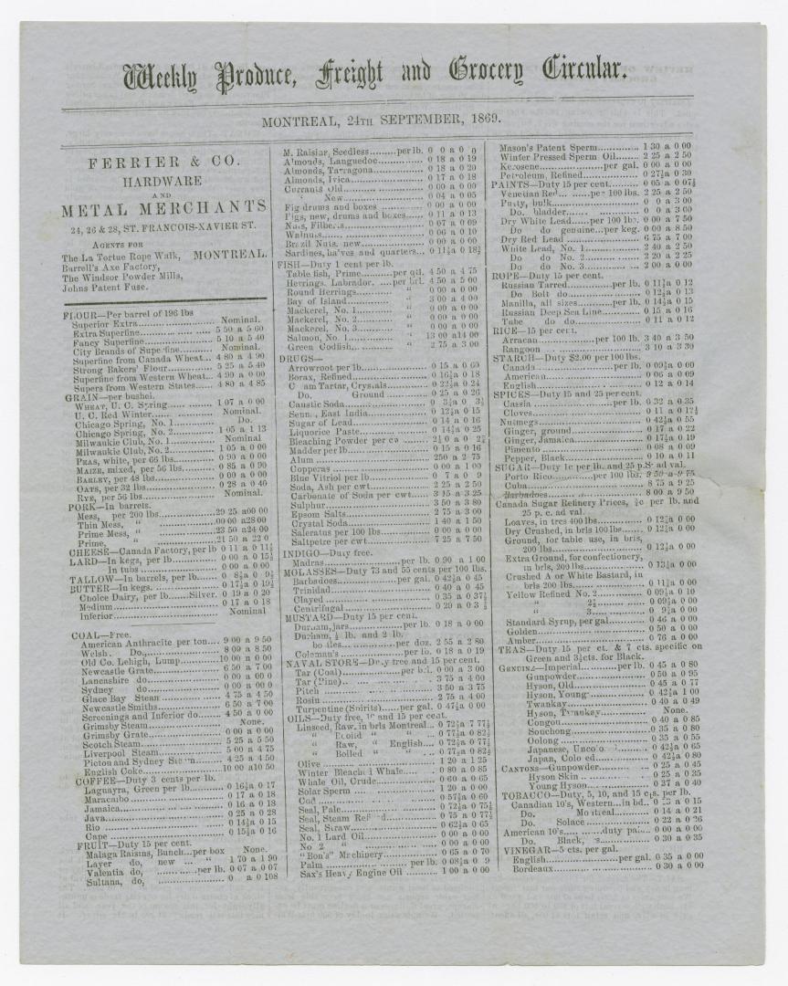 Weekly produce, freight and grocery circular : Montreal, 24th September, 1869