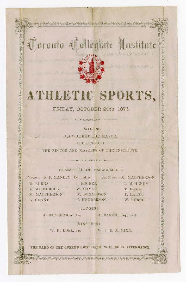 Toronto Collegiate Institute athletic sports, Friday, October 20th, 1876