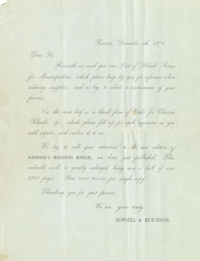 [Letter]... Herewith we send you our list of blank forms for municipalities, which please keep by you for reference when ordering supplies, and we beg to solicit a continuance of your favours