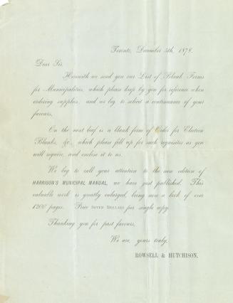 [Letter]... Herewith we send you our list of blank forms for municipalities, which please keep by you for reference when ordering supplies, and we beg to solicit a continuance of your favours
