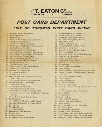 T. Eaton Post Card Department list of Toronto postcard views
