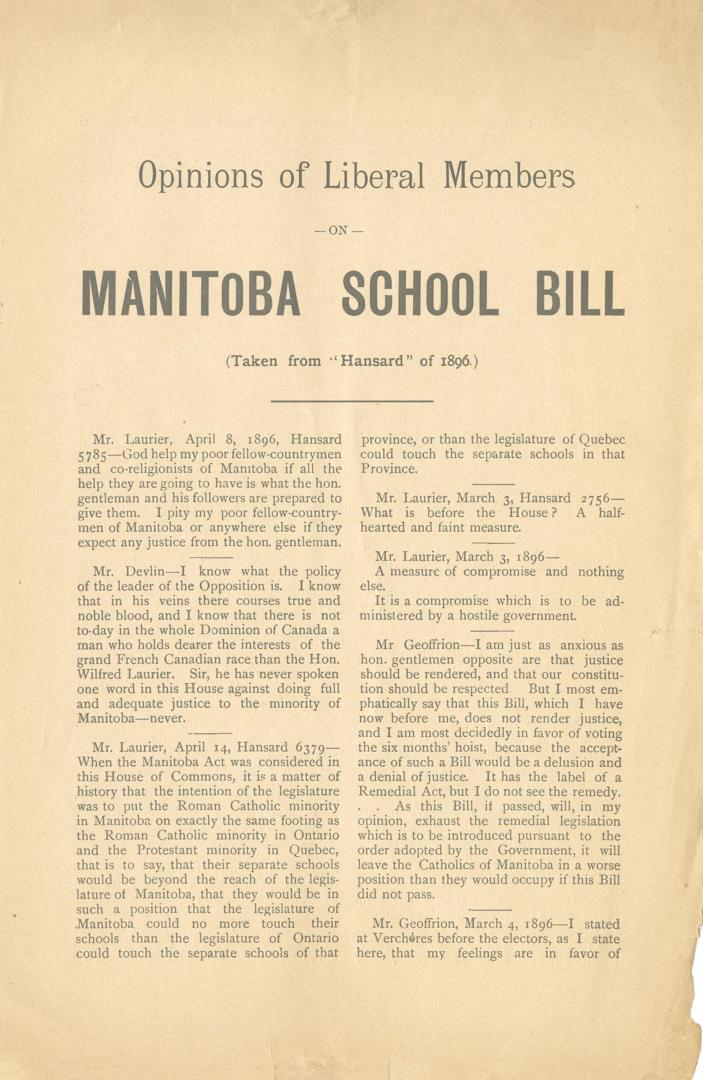 Opinions of Liberal members on Manitoba School Bill : taken from "Hansard" of 1896