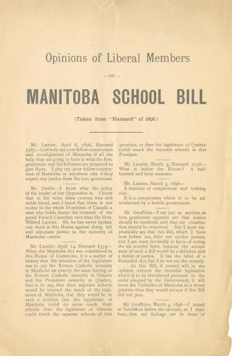 Opinions of Liberal members on Manitoba School Bill : taken from "Hansard" of 1896