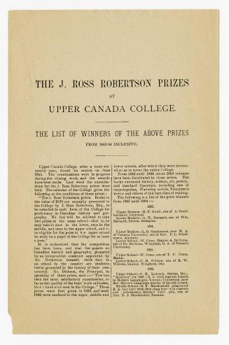 The J. Ross Robertson prizes at Upper Canada College : the list of winners of the above prizes from 1883-94 inclusive