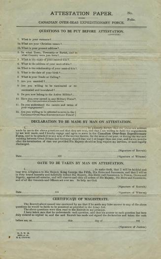 Attestation paper. Canadian Over-seas Expeditionary Force. Questions to be put before attestation.