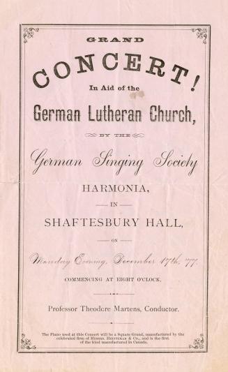 Grand concert in aid of the German Lutheran Church, by the German singing society Harmonia, in Shaftesbury Hall, on Monday evening, December 17th, '77
