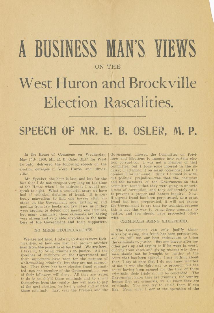 A business man's views on the West Huron and Brockville election rascalities