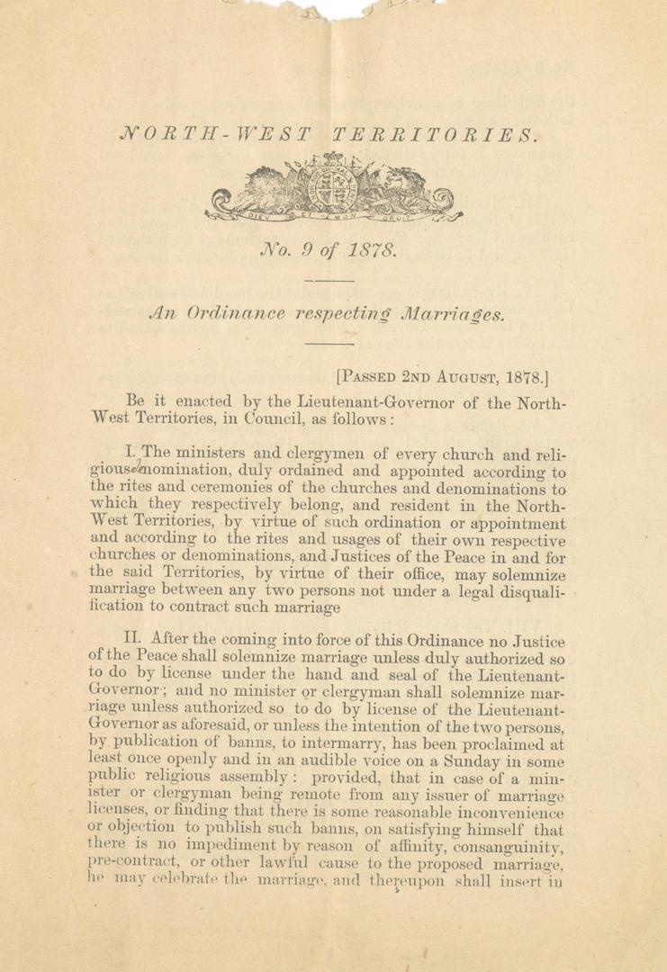 Northwest Territories : no. 9 of 1878 : an ordinance respecting marriages