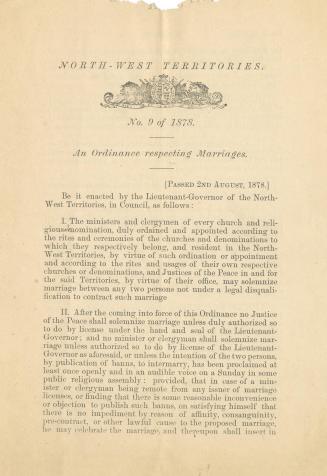 Northwest Territories : no. 9 of 1878 : an ordinance respecting marriages