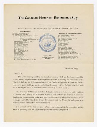 The Canadian Historical Exhibition, 1897 ... you are respectfully appealed to to become one of the original two hundred charter subscribers, and thus help to initiate the Canadian Historical Exhibition upon a substantial basis