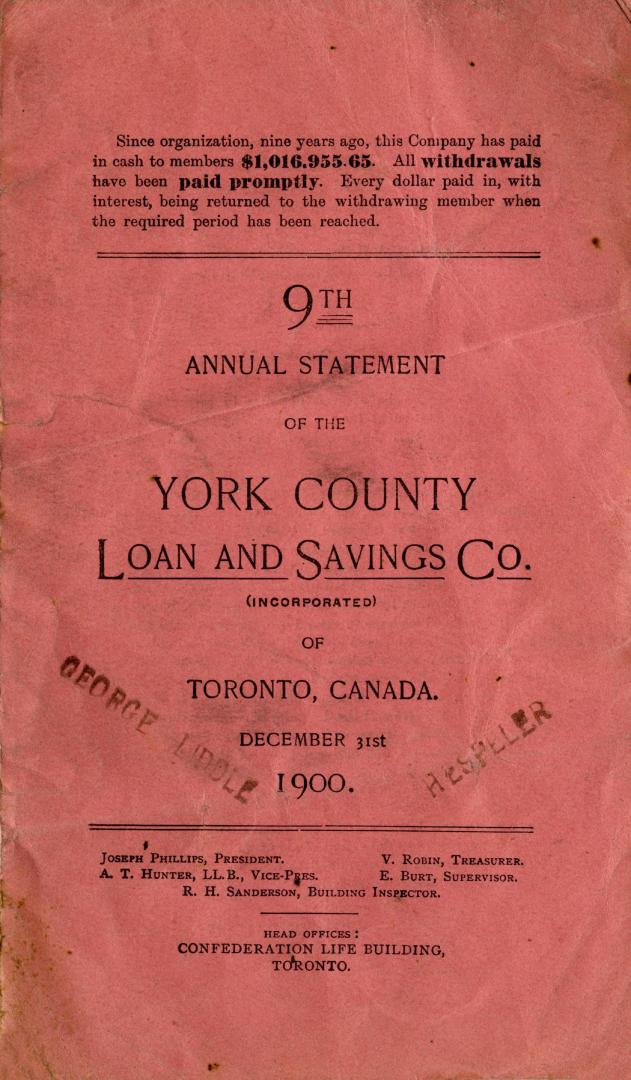 9th annual statement of the York County Loan and Savings (Incorporated) of Toronto, Canada, December 31st 1900