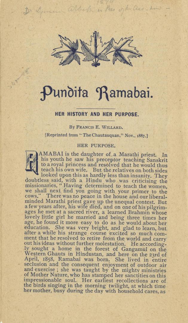 Pundita Ramabai. Her history and purpose.