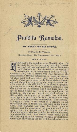 Pundita Ramabai. Her history and purpose.