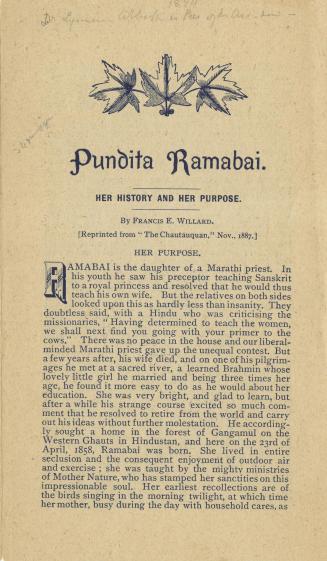 Pundita Ramabai. Her history and purpose.