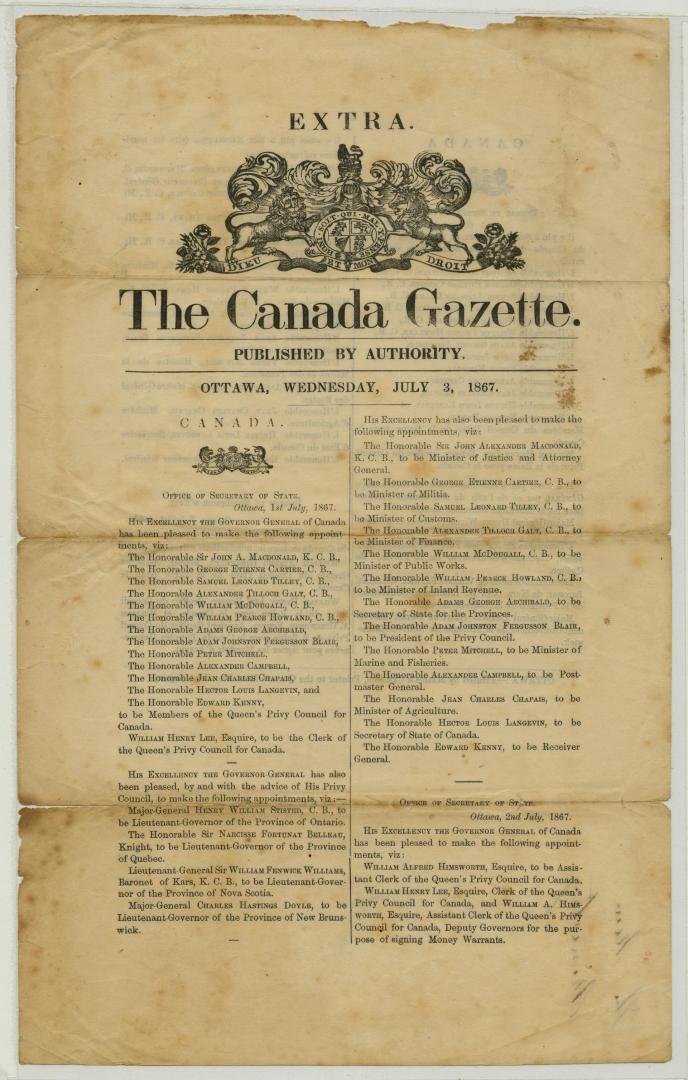 Extra : The Canada Gazette : published by authority : Ottawa, Wednesday, July 3, 1867