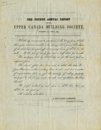 The fourth annual report of the Upper Canada Building Society, Toronto, 5th April 1852