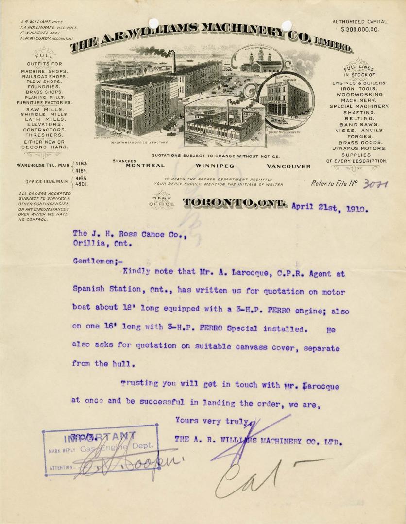 Letterhead for the A.R. Williams Machinery Co. Ltd.