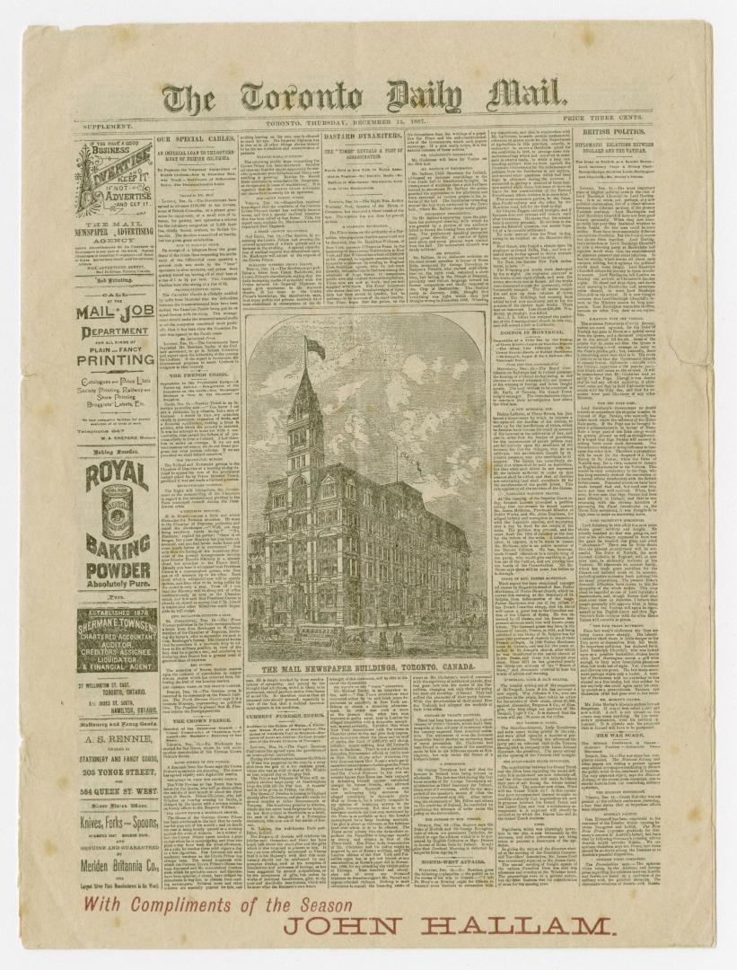 Toronto Daily Mail miniature newspaper, December 15, 1887