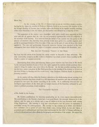 Dear sir, on the evening of the 7th of October last, as you are doubtless aware, a motion, having for its object the election of Professor Goldwin Smi(...)