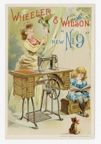 A woman in Victorian style dress stands in front of a sewing machine table. A green parrot is p ...