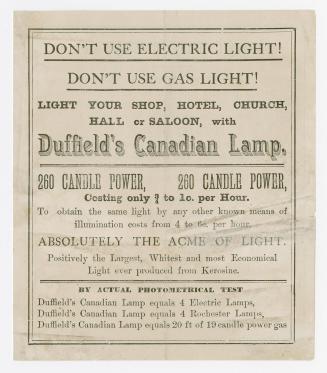 Light your shop, hotel, church, hall or saloon with Duffield's Canadian lamp