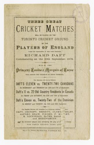 Three great cricket matches will be played on the Toronto cricket ground by the players of England under the captainship of the noted batsman Richard Daft commencing on the 10th September 1879