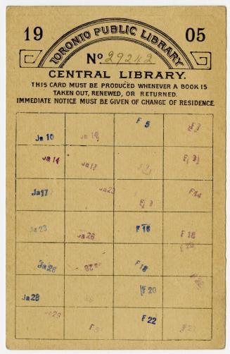 Toronto Public Library, Central Library : this card must be produced whenever a book is taken out, renewed, or returned