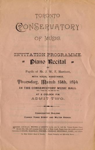 Toronto Conservatory of Music : invitation programme, piano recital