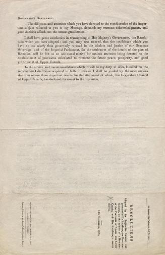 Resolutions adopted by the Legislative Council, and presented to His Excellency the Governor-General, on the subject of a re-union of the provinces of Upper and Lower Canada