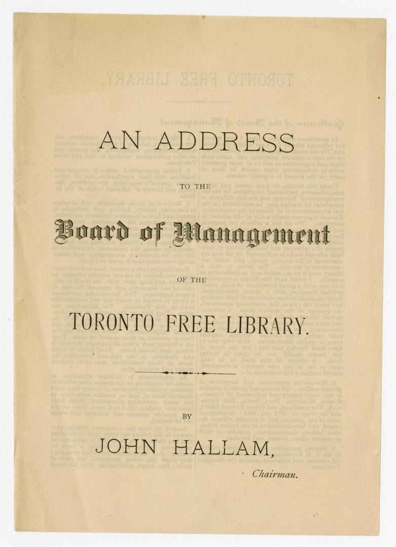 An Address to the board of management of the Toronto Free Library