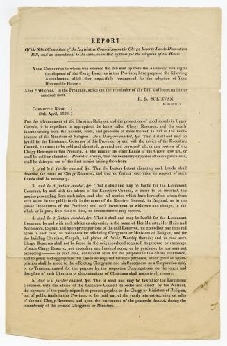 Report of the select committee of the Legislative Council, upon the Clergy Reserve Lands Disposition Bill, and an amendment to the same, submitted by them for the adoption of the House
