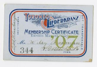 Toronto Liederkranz Limited membership certificate