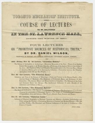  Toronto Mechanics Institute. Course of lectures to be delivered in the Saint Lawrence hall dur ...