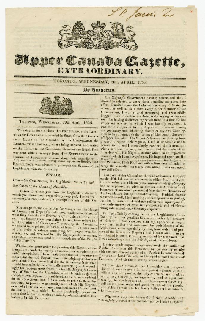 Upper Canada Gazette, extraordinary : Toronto, Wednesday, 20th April, 1836, by authority