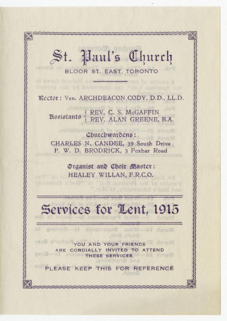 St. Paul's Church, Bloor St. East, Toronto, services for Lent, 1915