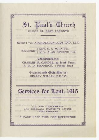 St. Paul's Church, Bloor St. East, Toronto, services for Lent, 1915