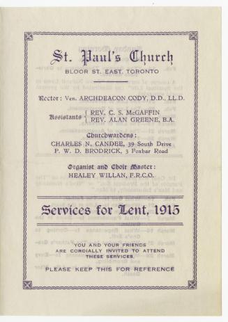 St. Paul's Church, Bloor St. East, Toronto, services for Lent, 1915