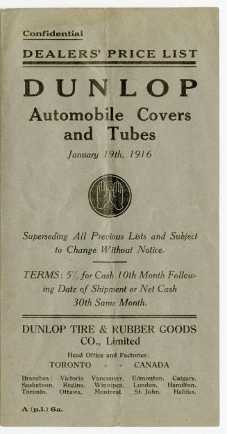 Dealers' price list : Dunlop automobile covers and tubes, January 19th, 1916